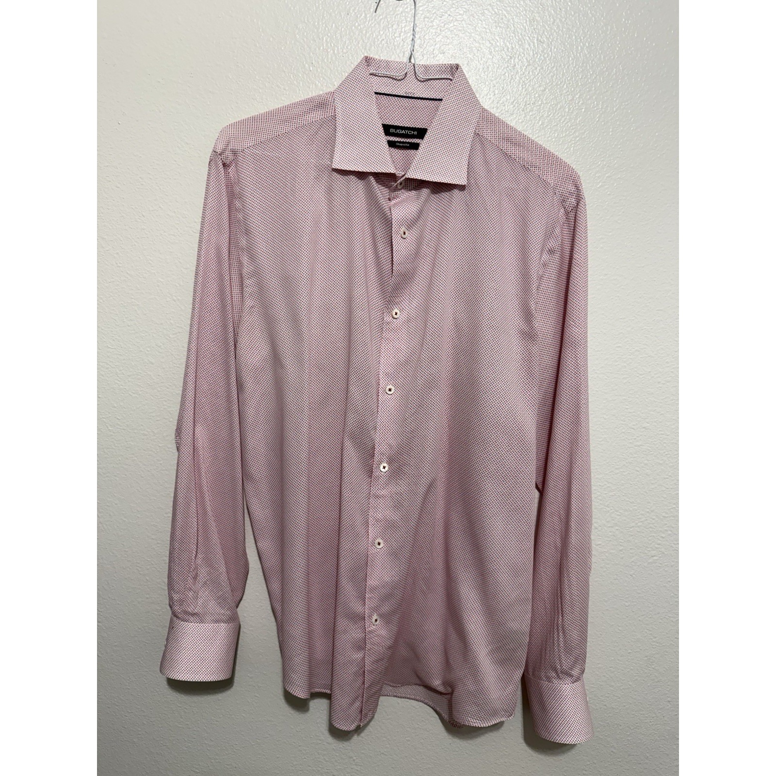 Bugatchi Men Pink Blue Red Dot Design Shaped Fit Long Sleeve Dress Shirt Cotton